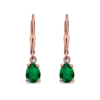 Teardrop Bridal Dangling Leverback Earrings Pear Cubic Zirconia 925 Sterling Silver - color: Rose Tone, Simulated Green Emerald CZ