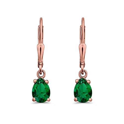 Teardrop Bridal Dangling Leverback Earrings Pear Cubic Zirconia 925 Sterling Silver - color: Rose Tone, Simulated Green Emerald CZ
