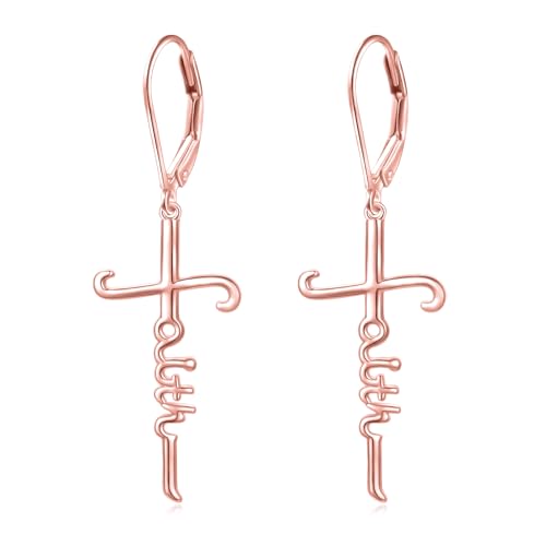 925 Sterling Silver Infinity Love of God Simple Dainty Faith Cross Dangle Earrings Religious Gift for Women - color: Faith - Rose Gold