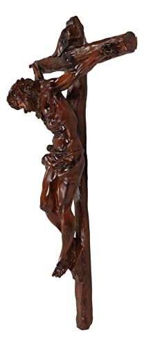 Ebros Large 19.75" High INRI Jesus Christ Crucified On The Cross Wall Hanging Crucifix Crosses Sculpture in Deep Brown Mahogany Faux Wood Like Finish Catholic Christian Home Decor Resin Plaque