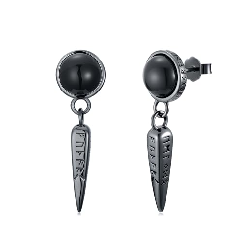 Black Dangle Drop Earrings 925 Sterling Silver Black Onyx Stud Earrings Viking Rune Jewelry Gift for Women Men - color: A02-Viking