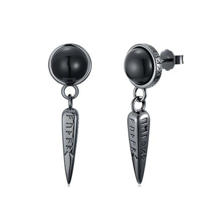 Black Dangle Drop Earrings 925 Sterling Silver Black Onyx Stud Earrings Viking Rune Jewelry Gift for Women Men - color: A02-Viking