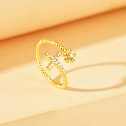 925 Sterling Silver Cross Flower Adjustable Ring For Womem - color: Gold