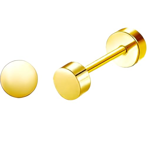 Stainless Steel Stud Earring 1 Pair Gold Small Flatback Earrings Helix Hypoallergenic Flat Back Jewellery Dainty Screwback Tiny Jewelry for Sensitive Ears Women Ladies Aretes De Mujer - style: Round
