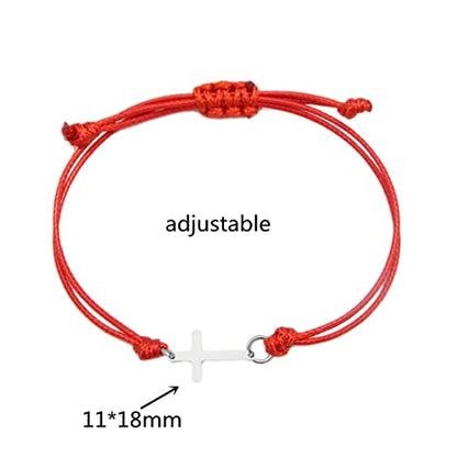 COLORFUL BLING Gold Silver Stainless Steel Sideways Cross Bracelet Adjustable Braided String Faith Hope Blessed Woven Rope Wrist Cuff for Men Women Protection Amulet Jewelry - color: silver red