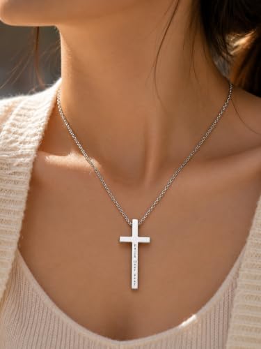 Engraved Cross Necklace for Men, Women & Boys & Girls Cross Necklace, Stainless Steel Cross Pendant Necklace, Faith & Inspiration Christian Jewelry Gift - color: Faith Over Fear