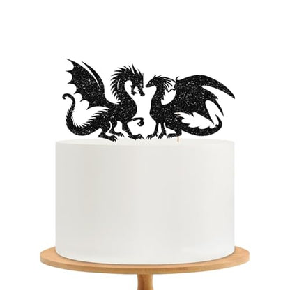 Dragon Wedding Cake Topper, Mr & Mrs Cake Decor, Black Glitter Dragons Couple Silhouette Cake Topper for Storybook Wedding Party Decoration - style: Dragon