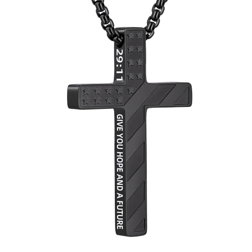 Cross Necklace for Men Black Gold Silver American Flag Pendant Chain Bible Verse Stainless Steel Necklaces Mens Stocking Stuffers for Christmas Christian Gifts - color: black, style: 29:11-