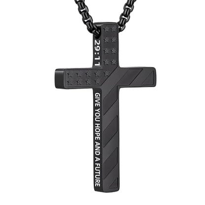 Cross Necklace for Men Black Gold Silver American Flag Pendant Chain Bible Verse Stainless Steel Necklaces Mens Stocking Stuffers for Christmas Christian Gifts - color: black, style: 29:11-