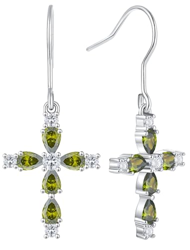 YL 925 Sterling Silver Cross Dangle Earrings Halo Birthstone Hook Earrings Religious Jewelry for Women - color: 8-peridot-Aug