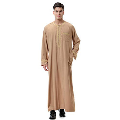 Lenmipot Men's Muslim Clothes Durable Kaftan Robe Dubai Long Gown Ethnic Clothes,1pc Soft Robe - color: A Light Tan, size: Large