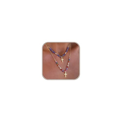 Turandoss Layered Cross Necklaces Stack for Women Girls, Christian Gift - color: Cross-Colorful Beaded