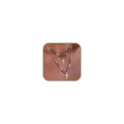 Turandoss Layered Cross Necklaces Stack for Women Girls, Christian Gift - color: Cross-Colorful Beaded