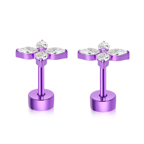 XUU Purple Stud Earrings 20G ASTM F136 Implant-Grade Titanium - color: purple lily