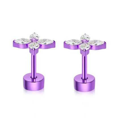 XUU Purple Stud Earrings 20G ASTM F136 Implant-Grade Titanium - color: purple lily