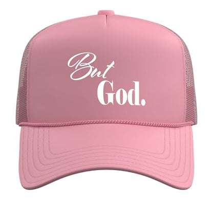 Christian Religious But God Strong Women Men of Faith Gifts Trucker Hat with Adjustable Mesh Back - color: Pink