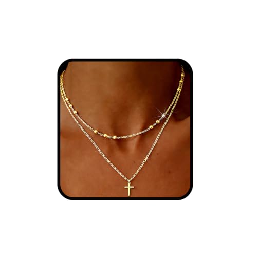 Sterling Silver Plated Cross Necklace 14K Gold Layered Beads Necklace Chain Waterproof Trendy Jewelry for Women - color: Gold