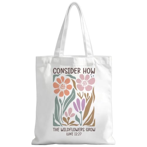 Christian Tote Bag Religious Gifts Canvas Bags for Women Men Shopping Work Gym Picnic Travel - color: Consider How the Wildflowers Grow Luke 12:27