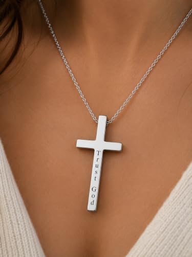 Engraved Cross Necklace for Men, Women & Boys & Girls Cross Necklace, Stainless Steel Cross Pendant Necklace, Faith & Inspiration Christian Jewelry Gift - color: Trust God