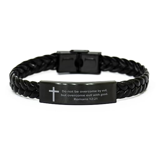 Christian Bible Verse Braided Leather Bracelet, Romans 12:21 inspirational Encouragement Gifts Faith Engraved Stainless Steel Adjustable Religious Jewelry Cross Bracelet For Men Women