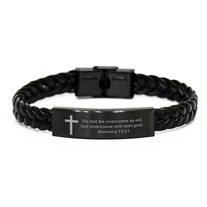 Christian Bible Verse Braided Leather Bracelet, Romans 12:21 inspirational Encouragement Gifts Faith Engraved Stainless Steel Adjustable Religious Jewelry Cross Bracelet For Men Women