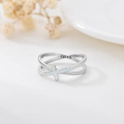Cross Rings 925 Sterling Silver for Women Christian Religious Jewelry Faith Gifts for Mom Wife Girlfriend Her - color: White-1
