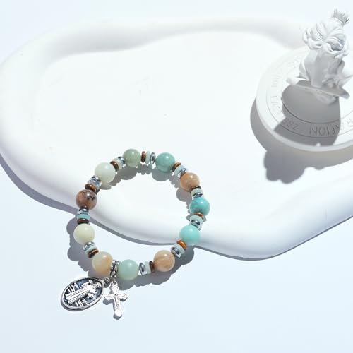 Rosary for Men Women, Natural Stone Beads with St. Benedict Bracelet - color: Amazonite