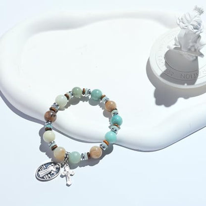 Rosary for Men Women, Natural Stone Beads with St. Benedict Bracelet - color: Amazonite