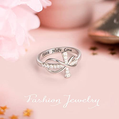 DAOCHONG 925 Sterling Silver CZ Infinity Cross Ring Inspirational Jewelry - color: CZ infinity cross