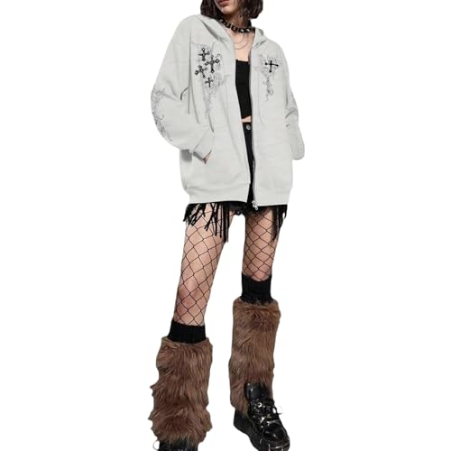 Zip Up Hoodies Y2k Jacket Graphic Gothic Jackets Grunge Cross Hoodie Baggy Streetwear Emo Sweater Aesthetic Clothes - color: Light Gray, size: X-Large