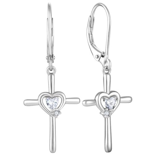 Cross Earrings 925 Sterling Silver Opal Crucifix Dangle Drop Earring Heart Birthstone Religious Jewelry for Women - color: 04-diamond-Apr