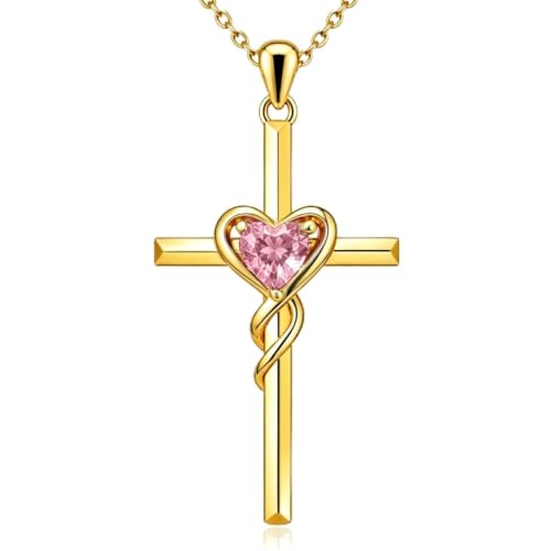 Birthstone Cross Necklace for Women 14K Gold Plated Heart Infinity Cross Pendant Necklace Christian Religious Jewelry Anniversary Birthday Gifts for Wife Mom Her - color: Oct/Tourmaline