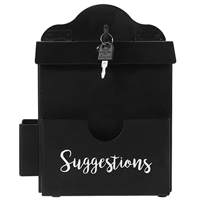 MyGift Suggestion Box with Slot and Lock, Donation Box for Fundraising, Complaint Case with Paper Sheet and Pen Holder Slots,Wall Mounted or Tabletop, Black Metal - color: Black