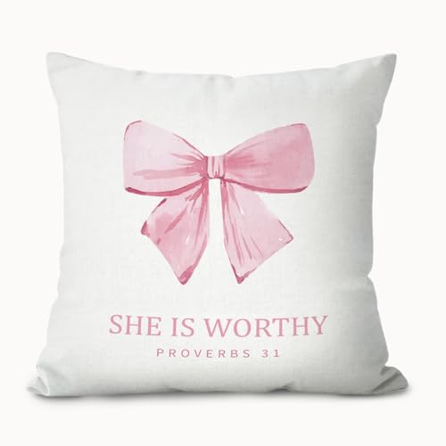 Pink Coquette Bow Proverbs 31 Bible Pillow Covers 18x18, Preppy Room Dorm Decor, She is Worthy Religious Christian Decorative Throw Pillow Covers Pillowcases for Girls Bedroom Decor - color: Pink Bow Bible(white08)
