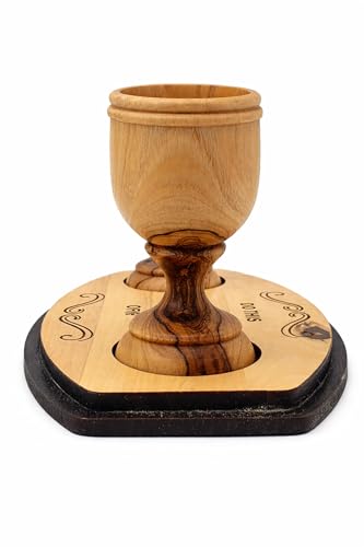Zuluf Small Olive Wood Communion Cup Set of 2 with Base 2.8 Inch – Handmade Holy Land Christian Chalice Set for Church, Eucharist, Last Supper “Do This in My Remembrance” Gift