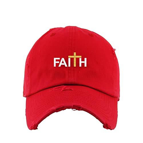 Faith with Cross Vintage Baseball Cap Embroidered Cotton Adjustable Distressed Dad Hat - color: Red