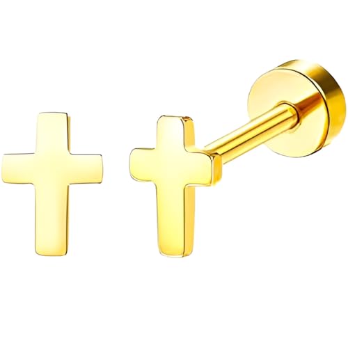 Stainless Steel Stud Earring 1 Pair Gold Small Flatback Earrings Helix Hypoallergenic Flat Back Jewellery Dainty Screwback Tiny Jewelry for Sensitive Ears Women Ladies Aretes De Mujer - style: Cross