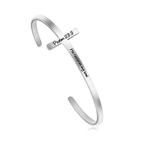 Memgift 𝐂𝐫𝐨𝐬𝐬 𝐁𝐫𝐚𝐜𝐞𝐥𝐞𝐭 Religious Cuff Bangle 𝐁𝐢𝐛𝐥𝐞 𝐕𝐞𝐫𝐬𝐞 Christian Gifts Jewelry for 𝐖𝐨𝐦𝐞𝐧 - style: Silver cuff-Her restores my soul -Psalm 23:3
