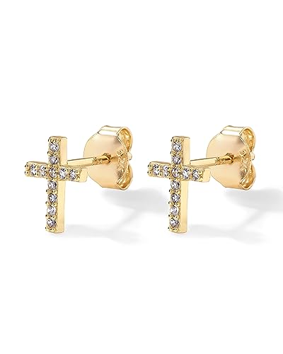 PAVOI 14K Gold Plated 925 Sterling Silver Posts Cross Earrings for Women | Small Religious Faith Cubic Zirconia Cross Studs Huggies Earrings - style: CZ Stud