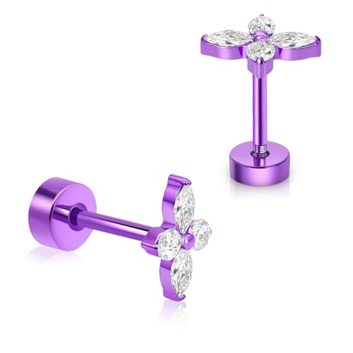 XUU Purple Stud Earrings 20G ASTM F136 Implant-Grade Titanium - color: purple lily