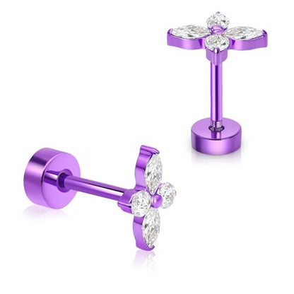 XUU Purple Stud Earrings 20G ASTM F136 Implant-Grade Titanium - color: purple lily