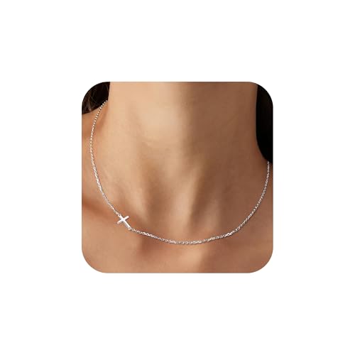 AllenCOCO Sterling Silver Cross Necklace for Women, 14K Gold or Silver Dainty Small Cross Pendant Choker Simple Trendy Cute Cross Charm Chain Easter Baptism Religious Faith Jewelry Gift - color: Sideways Cross-Silver