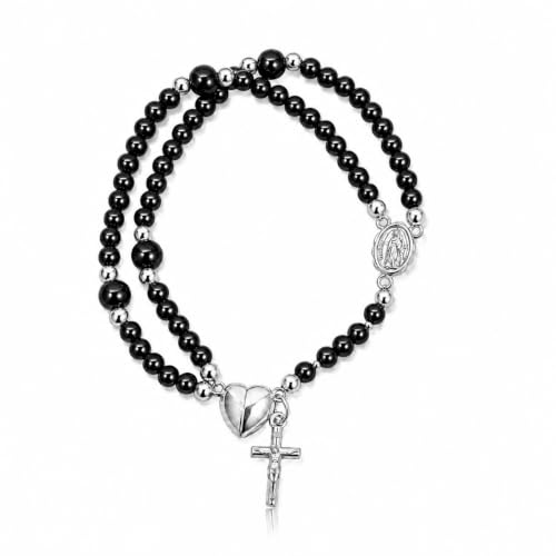 Grace & Faith: Handmade Rosary God Beads Bracelet Virgin Mary Cross Double Layer Chain Crucifix Religious Christian Faith Jewelry - color: Black&Silver Heart