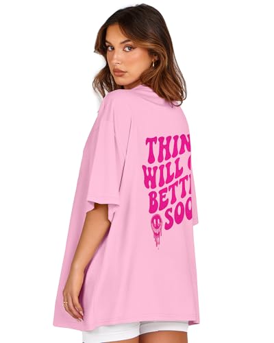 Womens Oversized Tshirt Graphic Tees Crew Neck Summer Short Sleeve Tops - color: A-letter Print Pink, size: Small