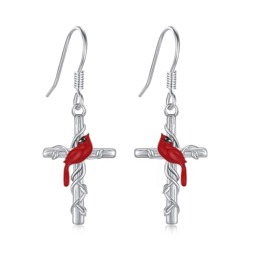 Yue Yuan Animal Plant Earrings for Women 925 Sterling Silver Butterfly/Cat/Jellyfish/Shell/Maple Leaf/Cardinal/Celtic Drop Earrings Silver Dangle Jewelry Birthday Anniversary Christmas Gift for Mother Wife - style: Cardinal