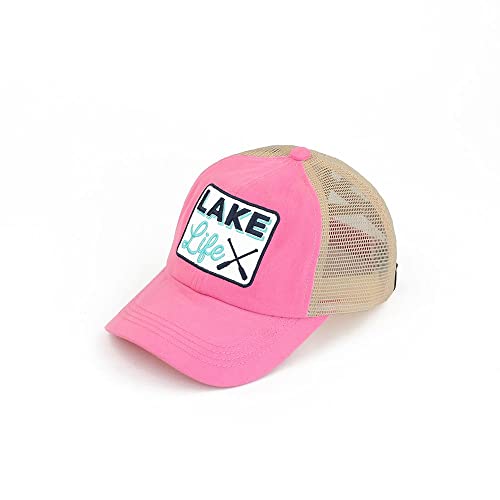 C.C Ponycap Messy High Bun Ponytail Adjustable Mesh Trucker Baseball Cap Hat - color: Criss Cross Patch Lake Life, Pink