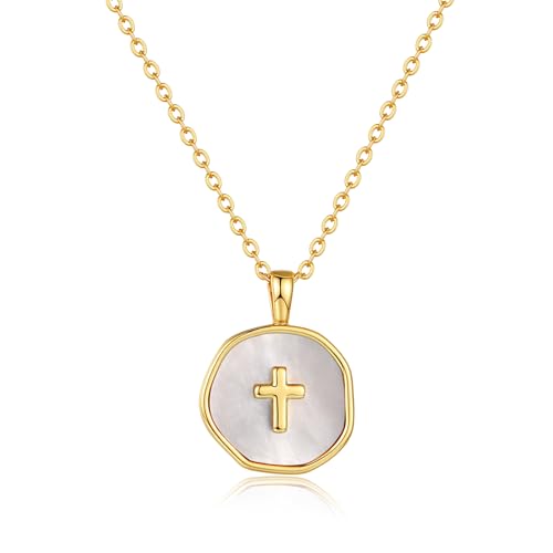 Gold Enamel Mini Cross Necklace Tiny Mother of Pearl Cross Necklace Religious Christian Gift for Baptism First Communion Christmas - color: big mother of pearl cross (15mm)-gold