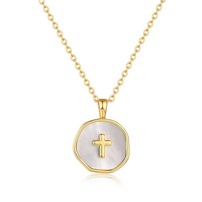 Gold Enamel Mini Cross Necklace Tiny Mother of Pearl Cross Necklace Religious Christian Gift for Baptism First Communion Christmas - color: big mother of pearl cross (15mm)-gold
