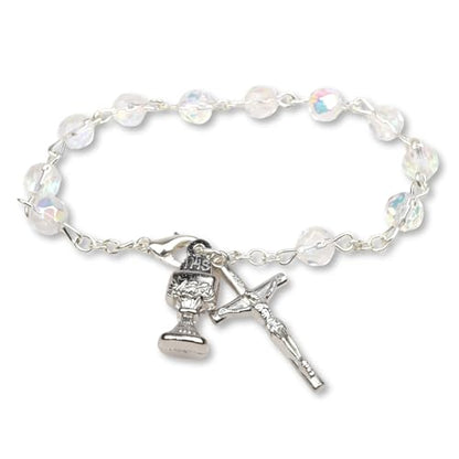 Needzo My First Holy Communion Gift Set for Girls, Glass Bead Rosary Bracelet with Gray Burlap Pouch, Religious Keepsakes for Daughters, 3 x 4 Inch Bag