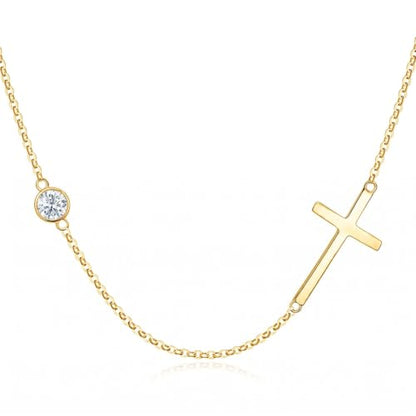 OJK 14K Gold Cross Necklace for Women Sideways Cross Birthstone Jewelry - color: 04-Synthetic Diamond